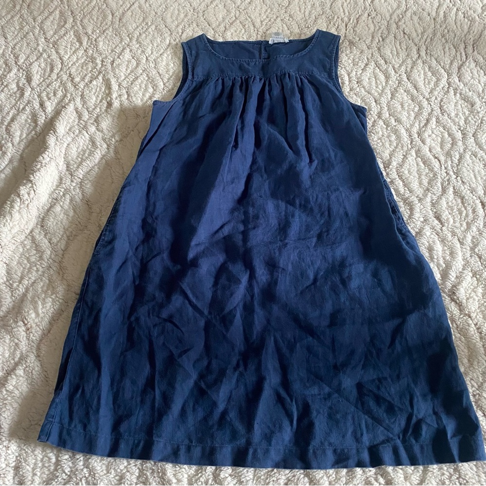 Artisan NY Dress Womens Medium  Navy Blue Linen Knee Length‎ Pockets Casual